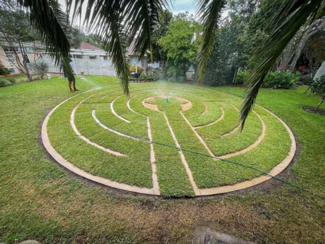 Newly laid turf being watered by a sprinkler and a man with a hose. The garden feature is the shape of a labyrinth